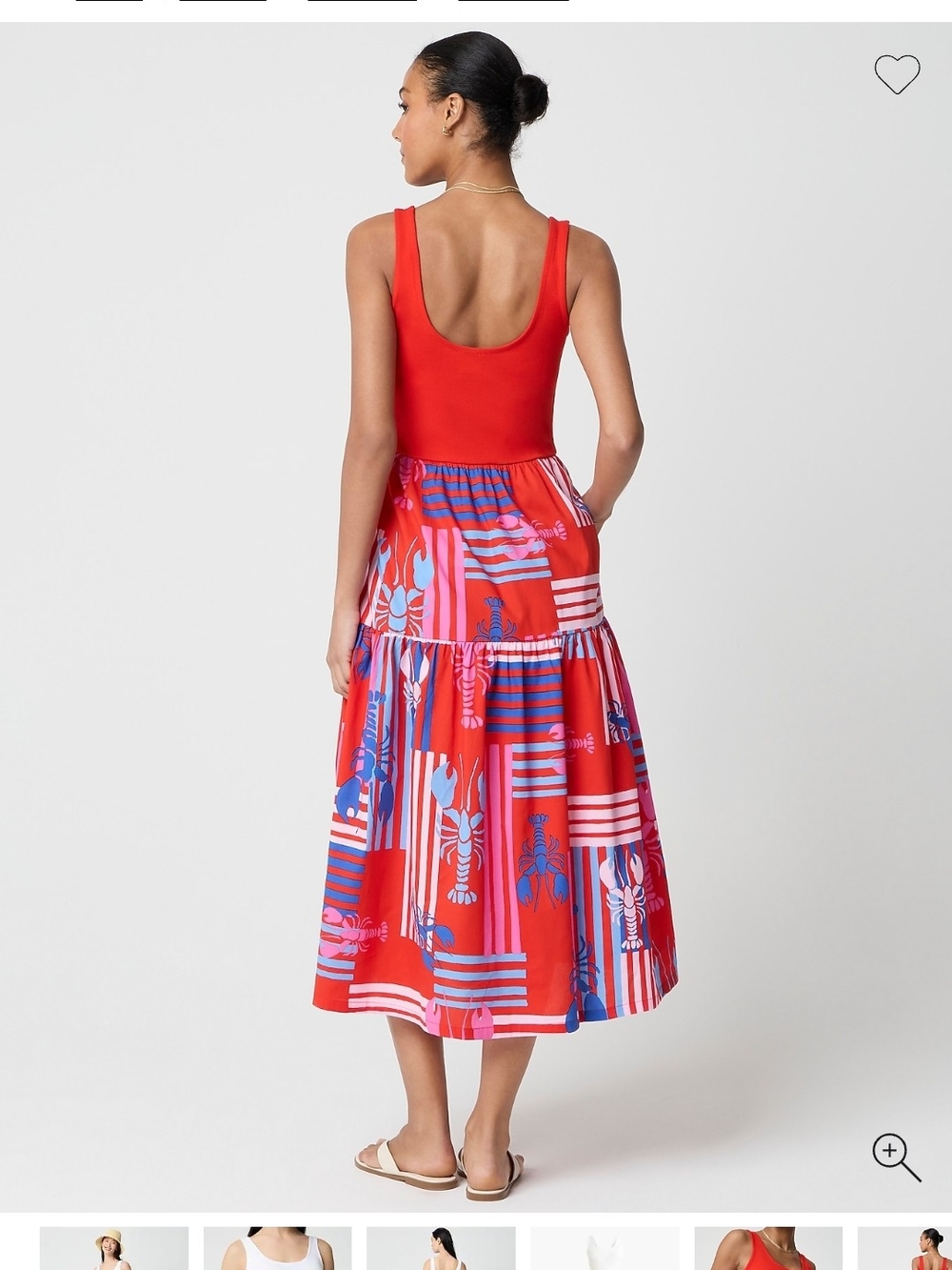 J. Crew Red Tiered Midi Dress with Blue & Pink Print